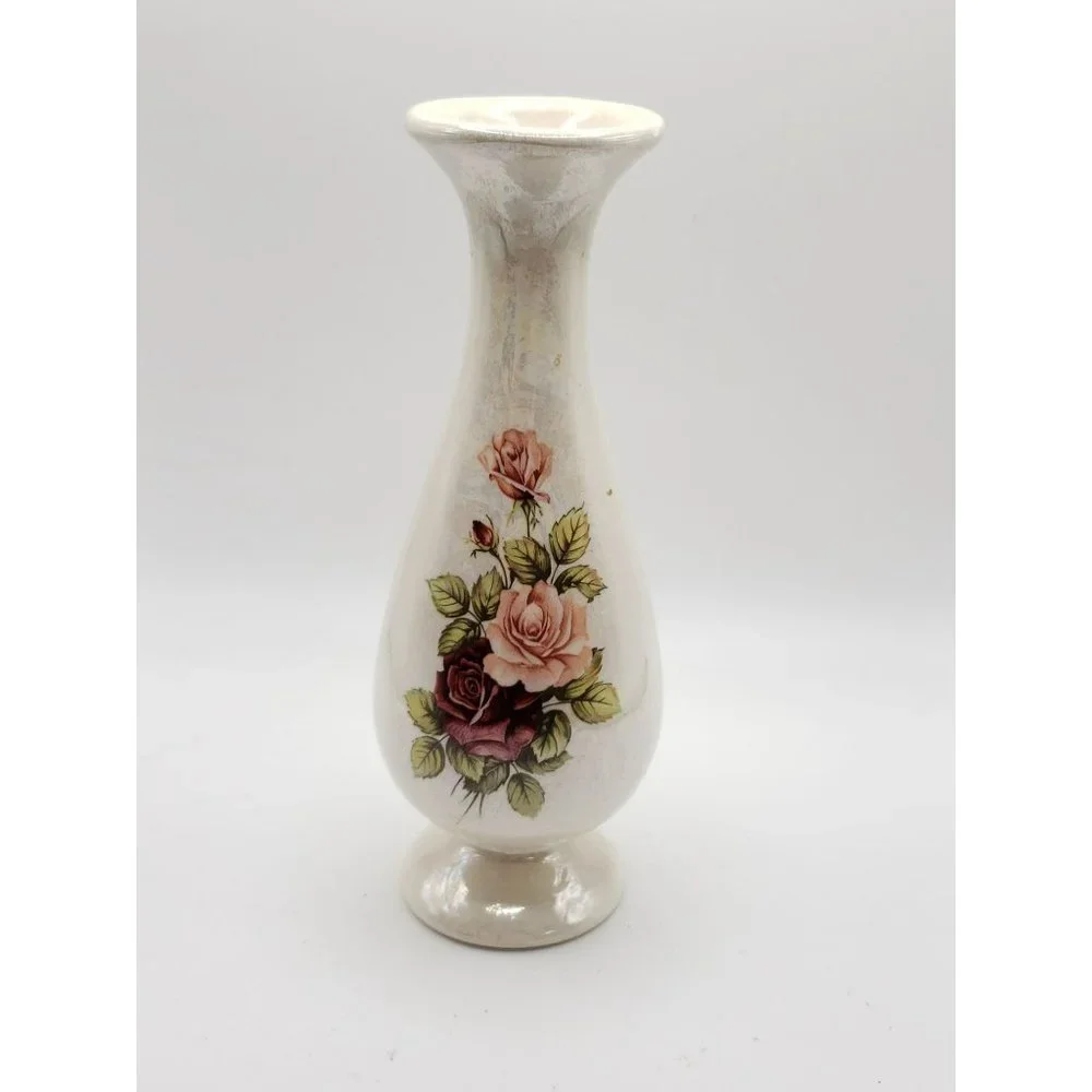 VTG Antique Iridescent Pink Rose Floral Single Stem Bud Vase Signed Fay's Cerami